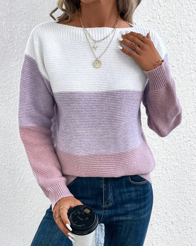 Elegant Three-Color Patchwork Knit Sweater for Women