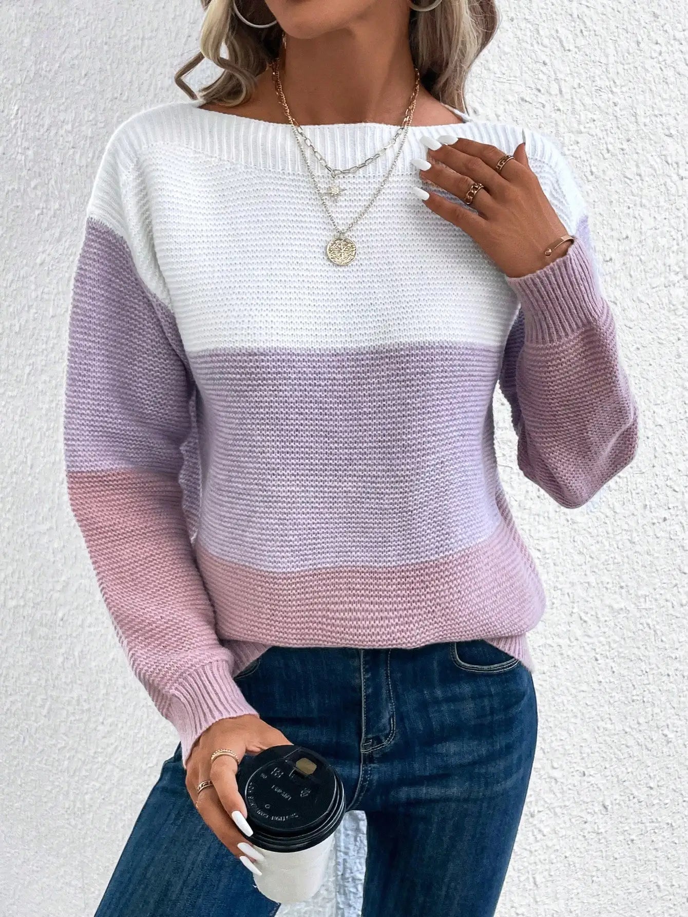 Elegant Three-Color Patchwork Knit Sweater for Women
