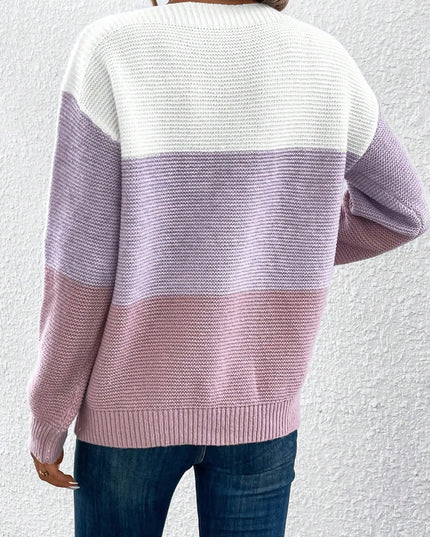 Elegant Three-Color Patchwork Knit Sweater for Women