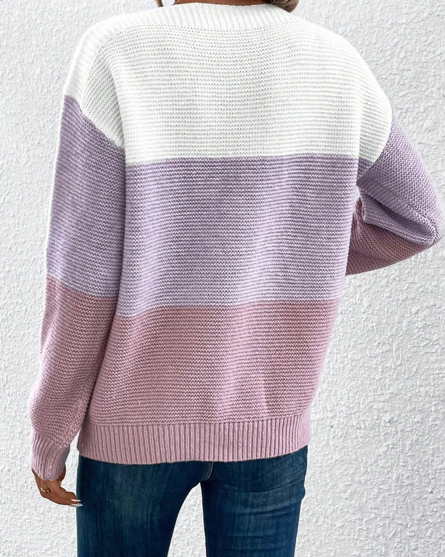 Elegant Three-Color Patchwork Knit Sweater for Women