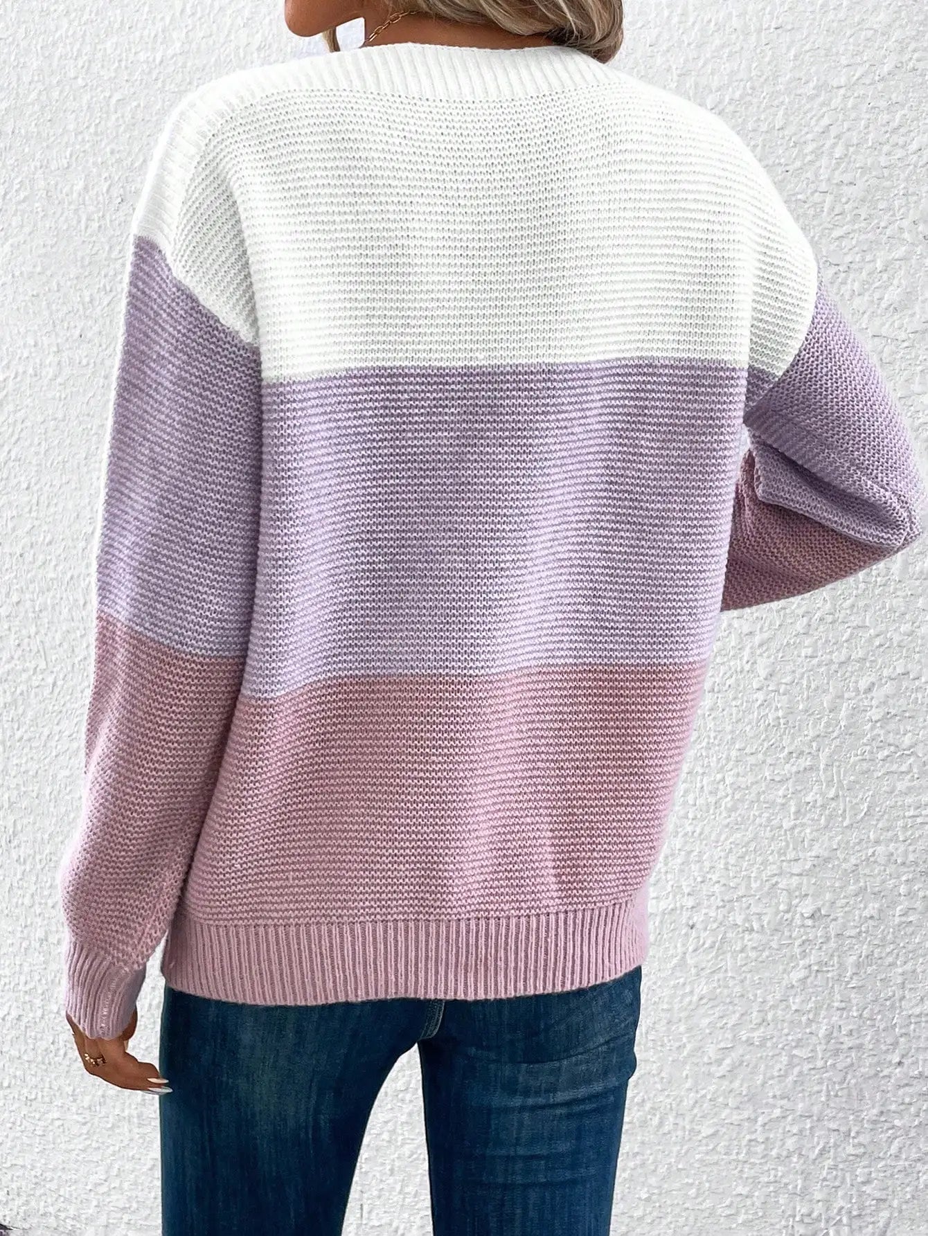Elegant Three-Color Patchwork Knit Sweater for Women