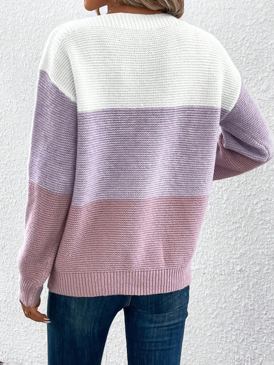 Elegant Three-Color Patchwork Knit Sweater for Women