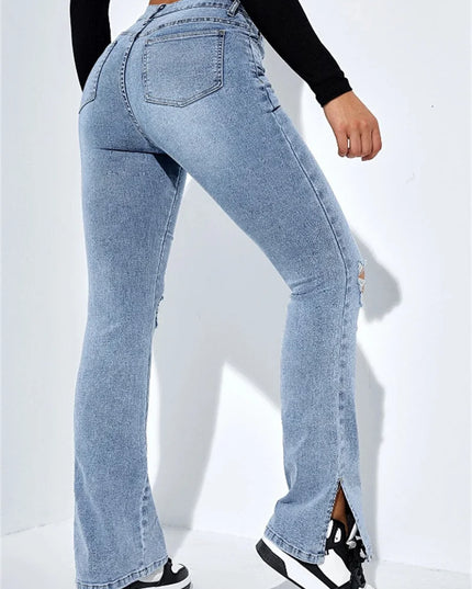 Women's Slim Fit High Waist Ripped Jeans with Leg Slits