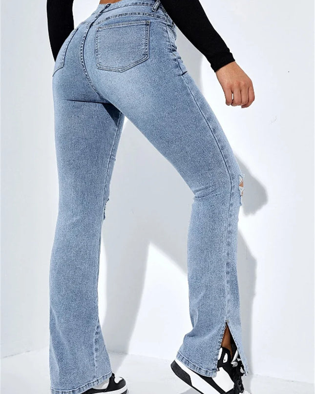 Women's Slim Fit High Waist Ripped Jeans with Leg Slits