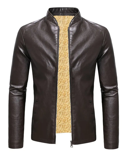 Men’s Faux Leather Fleece Jacket with Stand Collar - Stylish and Warm Outerwear