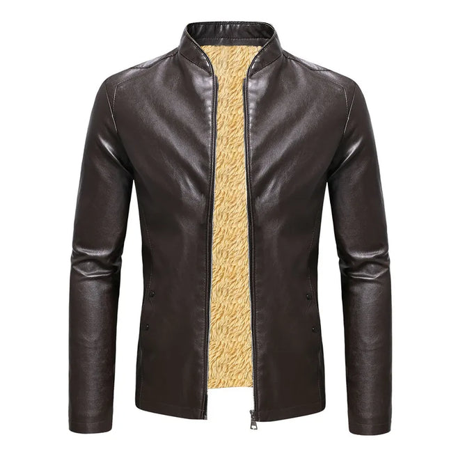 Men’s Faux Leather Fleece Jacket with Stand Collar - Stylish and Warm Outerwear