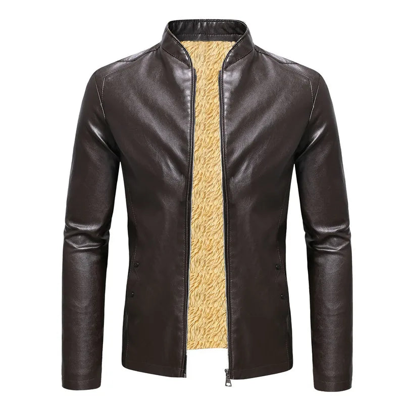 Men’s Faux Leather Fleece Jacket with Stand Collar - Stylish and Warm Outerwear