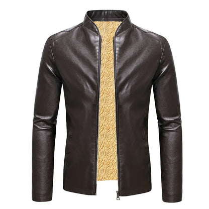 Men’s Faux Leather Fleece Jacket with Stand Collar - Stylish and Warm Outerwear