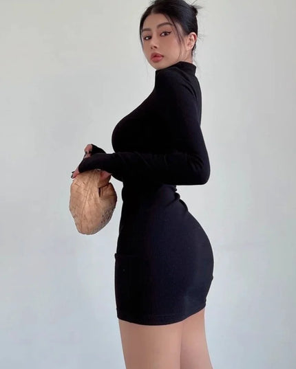 Turtleneck Pleated Waist Mini Dress for Women- Slim Fit - Various Colors