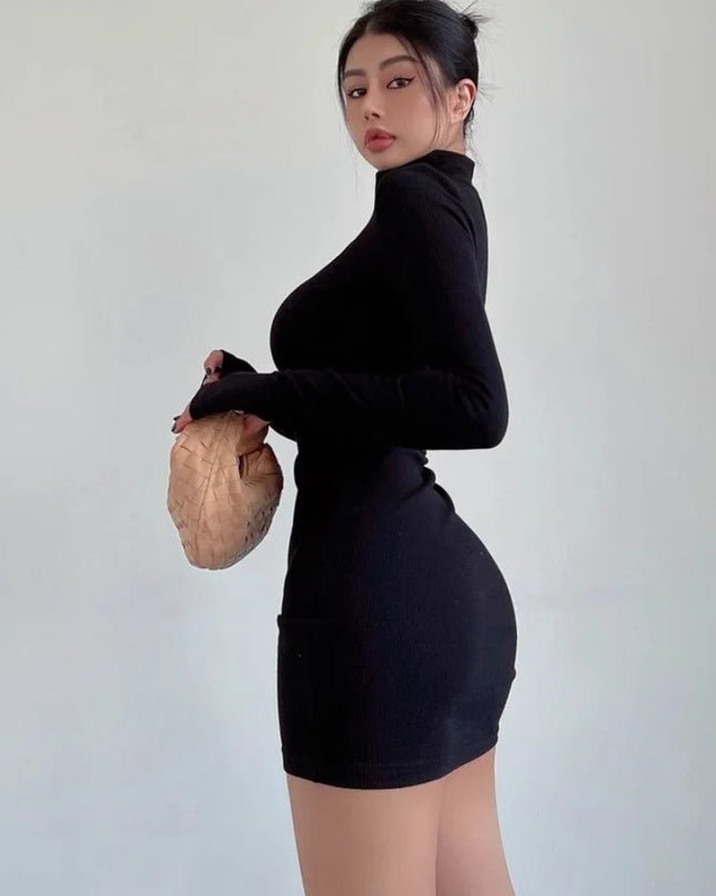 Turtleneck Pleated Waist Mini Dress for Women- Slim Fit - Various Colors