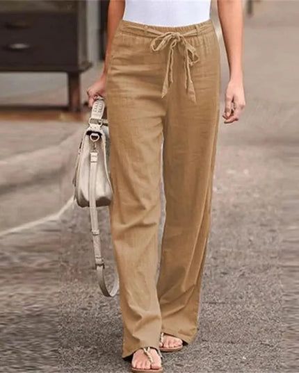 Women's Cotton Linen Loose Straight Pants with Elastic Waist