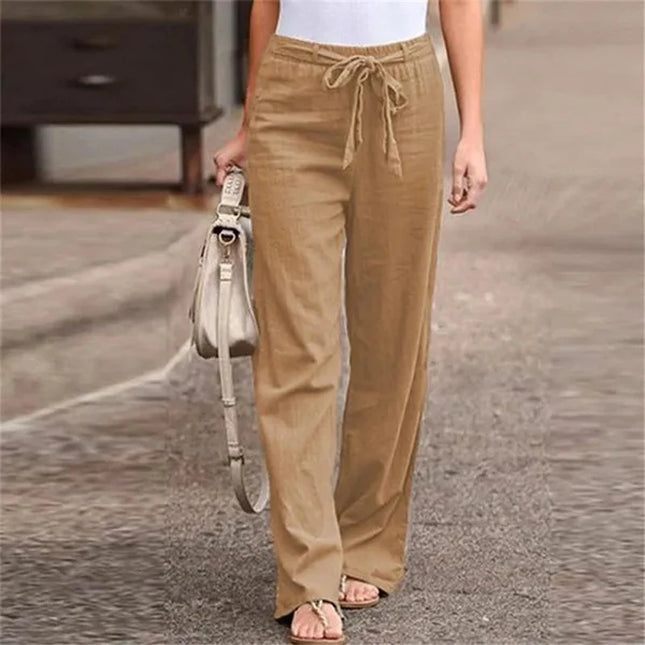 Women's Cotton Linen Loose Straight Pants with Elastic Waist