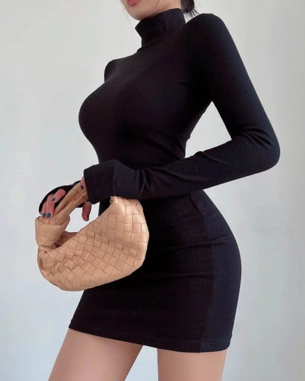 Turtleneck Pleated Waist Mini Dress for Women- Slim Fit - Various Colors