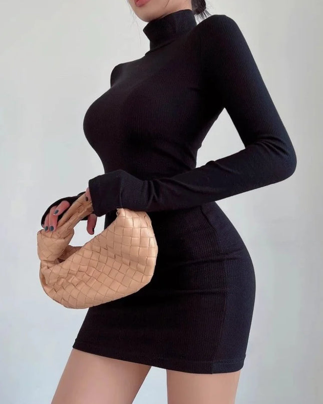 Turtleneck Pleated Waist Mini Dress for Women- Slim Fit - Various Colors