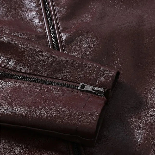 Men’s Faux Leather Fleece Jacket with Stand Collar - Stylish and Warm Outerwear