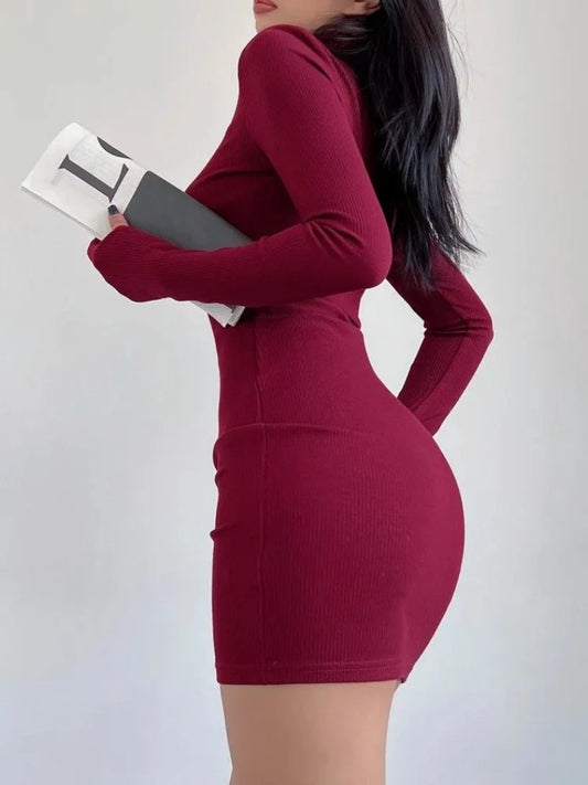 Turtleneck Pleated Waist Mini Dress for Women- Slim Fit - Various Colors