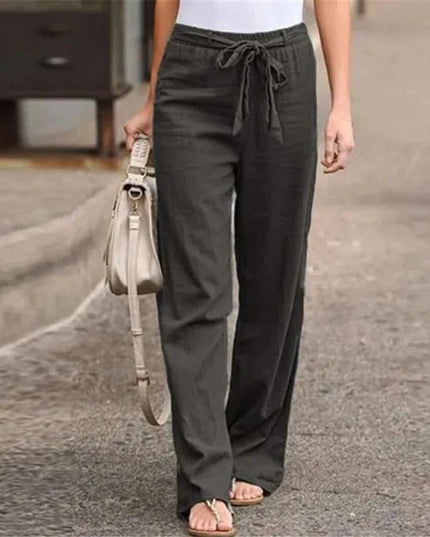 Women's Cotton Linen Loose Straight Pants with Elastic Waist