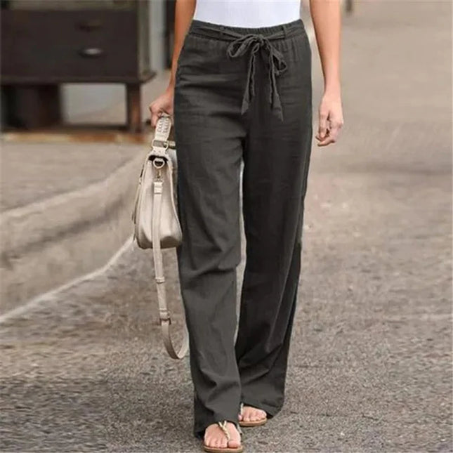 Women's Cotton Linen Loose Straight Pants with Elastic Waist