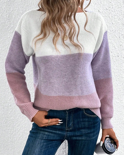 Elegant Three-Color Patchwork Knit Sweater for Women