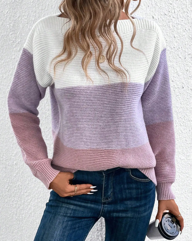 Elegant Three-Color Patchwork Knit Sweater for Women