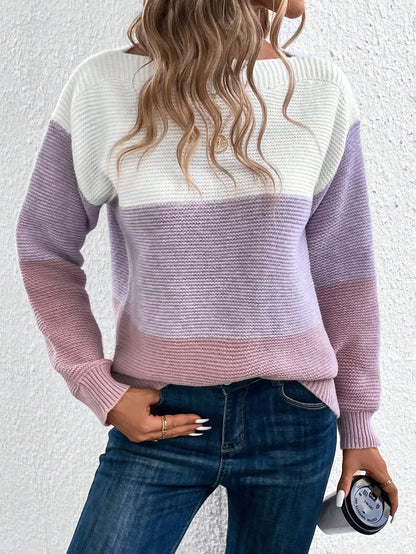 Elegant Three-Color Patchwork Knit Sweater for Women