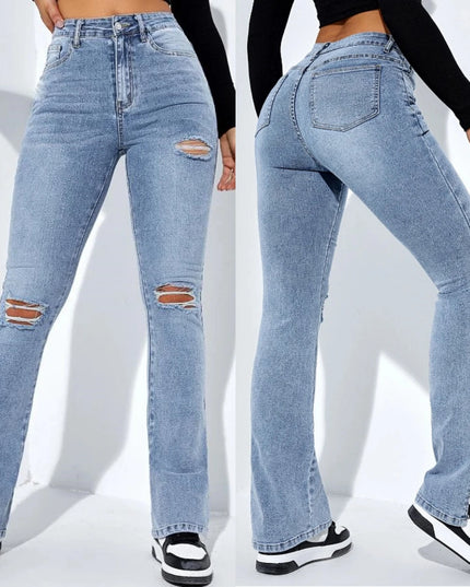 Women's Slim Fit High Waist Ripped Jeans with Leg Slits