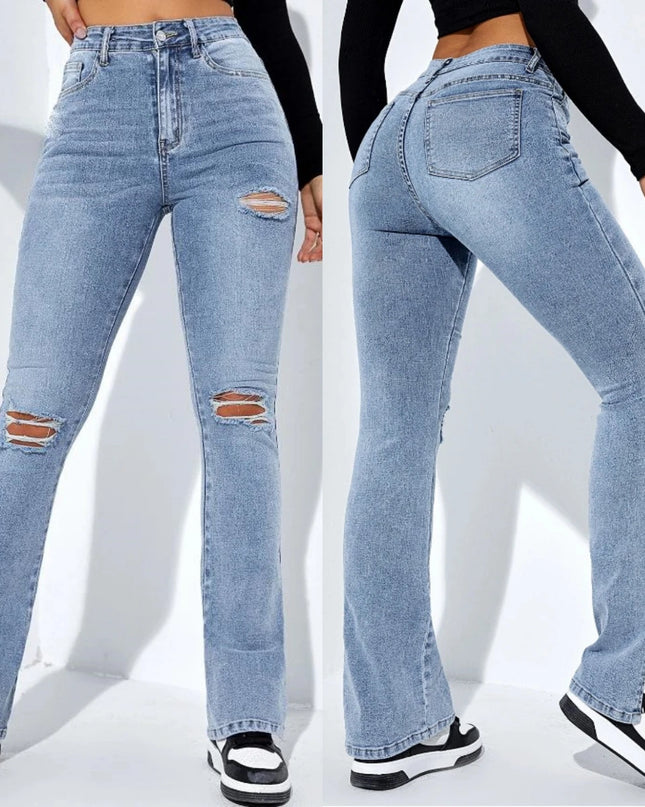 Women's Slim Fit High Waist Ripped Jeans with Leg Slits
