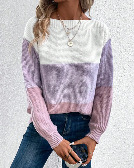 Elegant Three-Color Patchwork Knit Sweater for Women