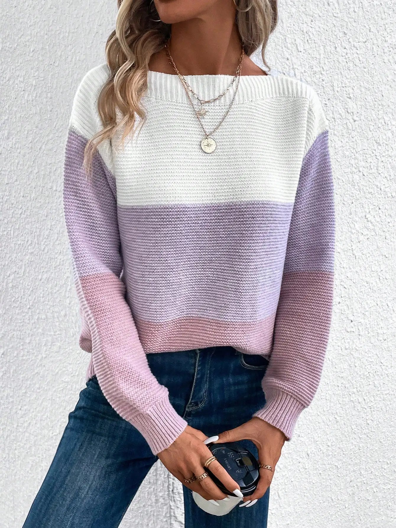 Elegant Three-Color Patchwork Knit Sweater for Women