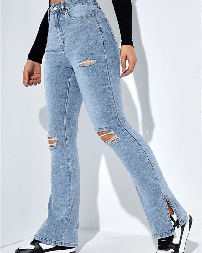 Women's Slim Fit High Waist Ripped Jeans with Leg Slits