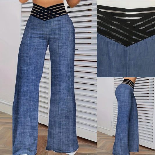 Women's High-Waisted Wide Leg Flared Trousers with Sheer Mesh Crisscross Patch