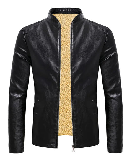 Men’s Faux Leather Fleece Jacket with Stand Collar - Stylish and Warm Outerwear