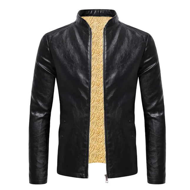 Men’s Faux Leather Fleece Jacket with Stand Collar - Stylish and Warm Outerwear