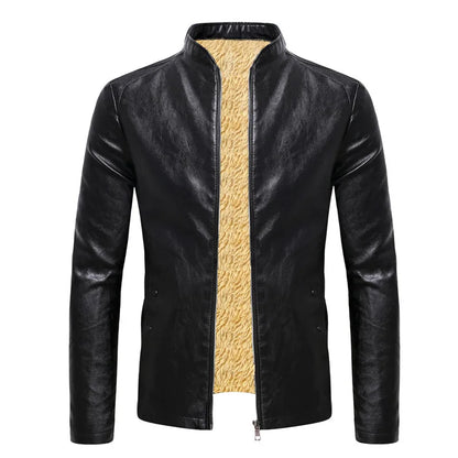 Men’s Faux Leather Fleece Jacket with Stand Collar - Stylish and Warm Outerwear