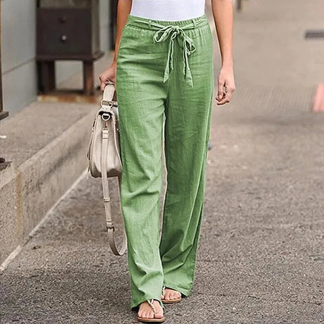 Women's Cotton Linen Loose Straight Pants with Elastic Waist