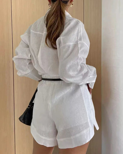 Women’s Two-Piece Long Sleeve Casual Button-Down Shirt and Shorts Set
