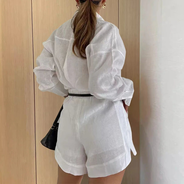 Women’s Two-Piece Long Sleeve Casual Button-Down Shirt and Shorts Set