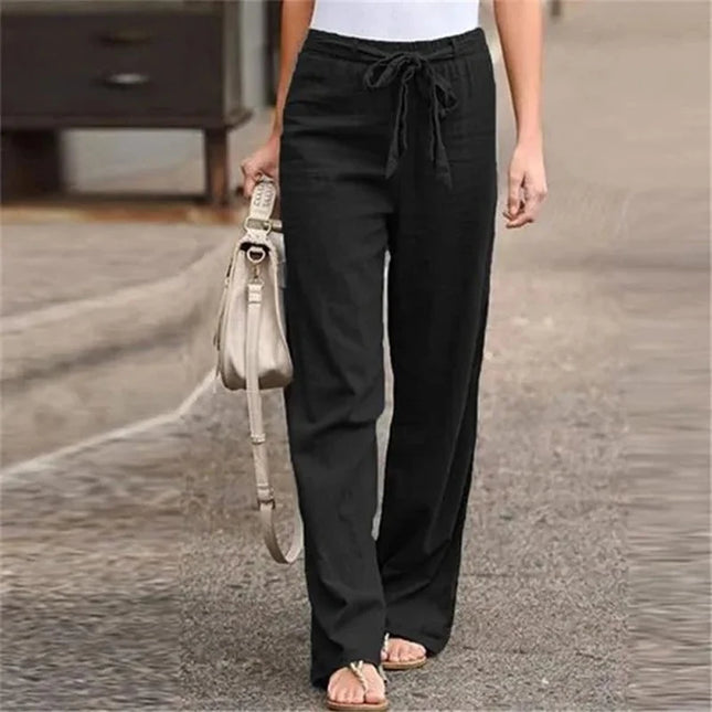 Women's Cotton Linen Loose Straight Pants with Elastic Waist