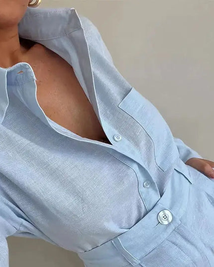 Women’s Two-Piece Long Sleeve Casual Button-Down Shirt and Shorts Set