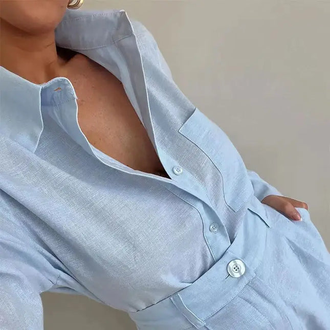 Women’s Two-Piece Long Sleeve Casual Button-Down Shirt and Shorts Set