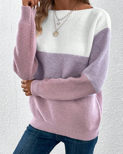 Elegant Three-Color Patchwork Knit Sweater for Women