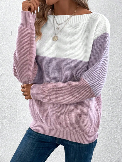 Elegant Three-Color Patchwork Knit Sweater for Women