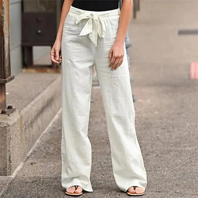 Women's Cotton Linen Loose Straight Pants with Elastic Waist