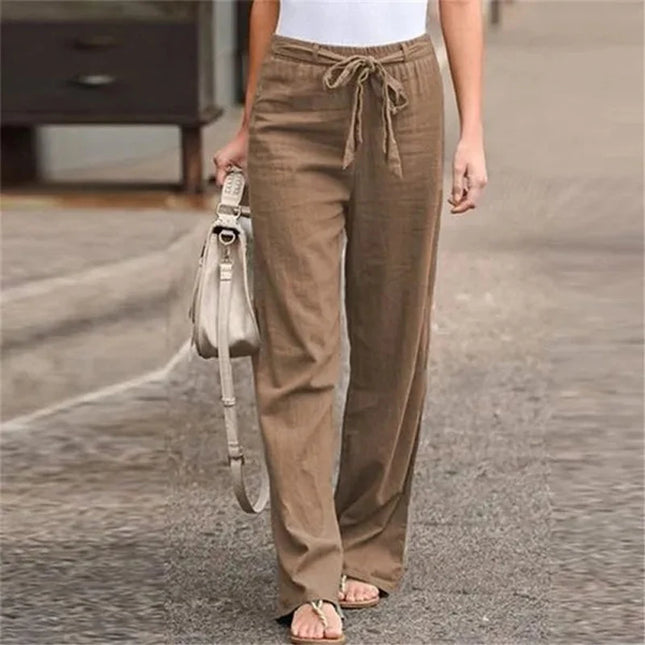 Women's Cotton Linen Loose Straight Pants with Elastic Waist