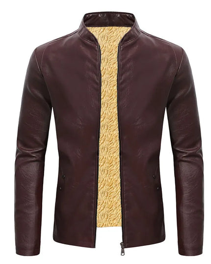 Men’s Faux Leather Fleece Jacket with Stand Collar - Stylish and Warm Outerwear