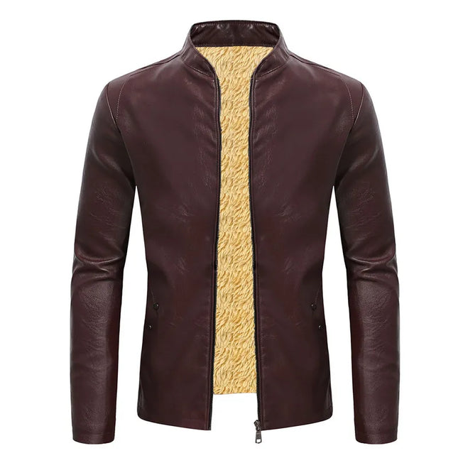 Men’s Faux Leather Fleece Jacket with Stand Collar - Stylish and Warm Outerwear