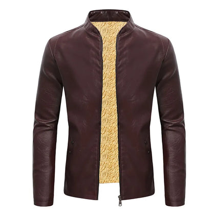 Men’s Faux Leather Fleece Jacket with Stand Collar - Stylish and Warm Outerwear