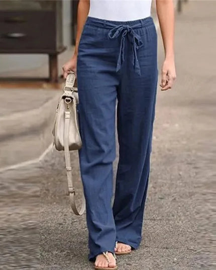 Women's Cotton Linen Loose Straight Pants with Elastic Waist