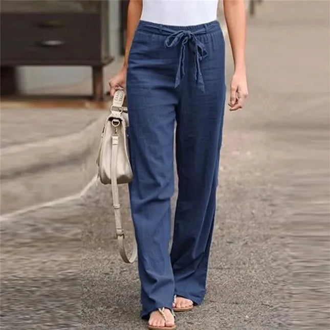 Women's Cotton Linen Loose Straight Pants with Elastic Waist