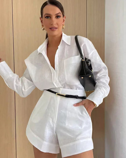 Women’s Two-Piece Long Sleeve Casual Button-Down Shirt and Shorts Set